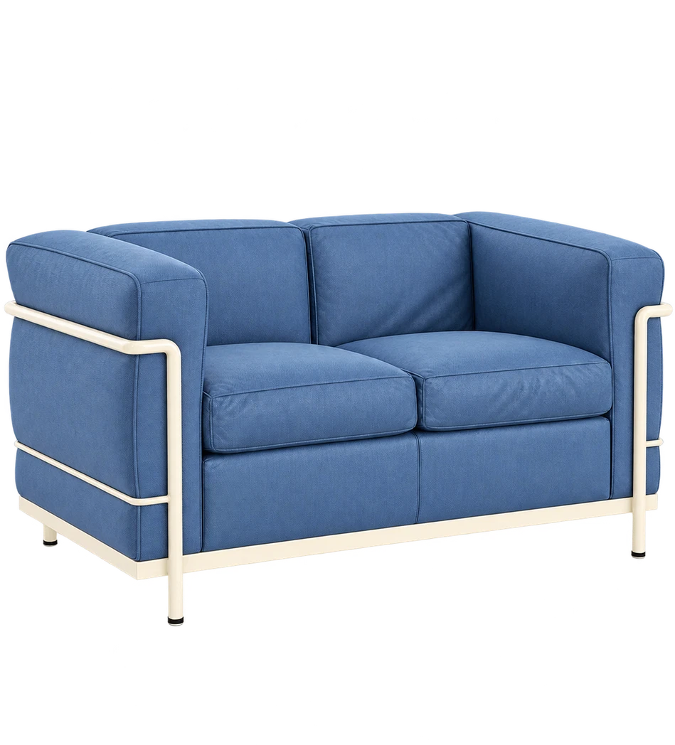 Alto i̇kili koltuk, denim mavi / krem kumaş, boyalı metal iskelet, çapraz görünüm