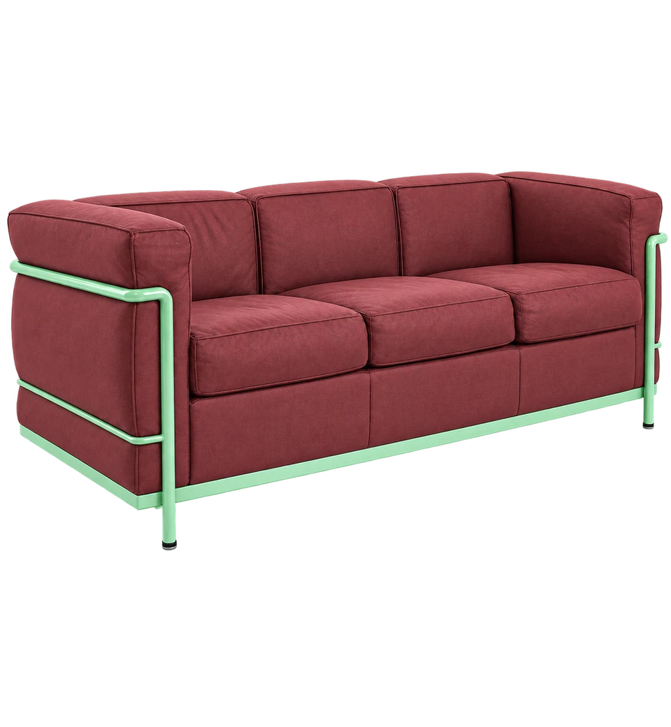 Alto üçlü koltuk, bordo / mint kumaş, boyalı metal iskelet, çapraz görünüm