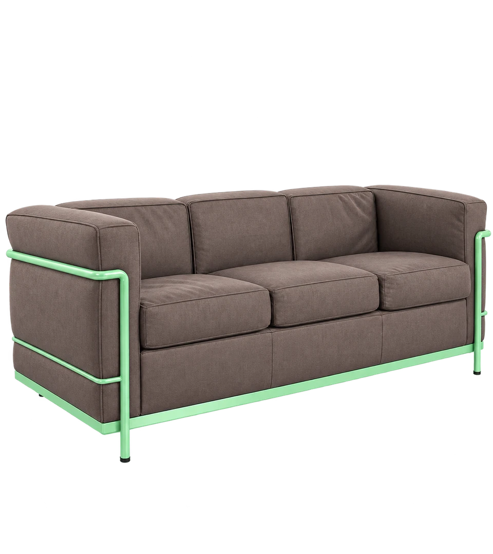 Alto üçlü koltuk, kahve / mint kumaş, boyalı metal iskelet, çapraz görünüm