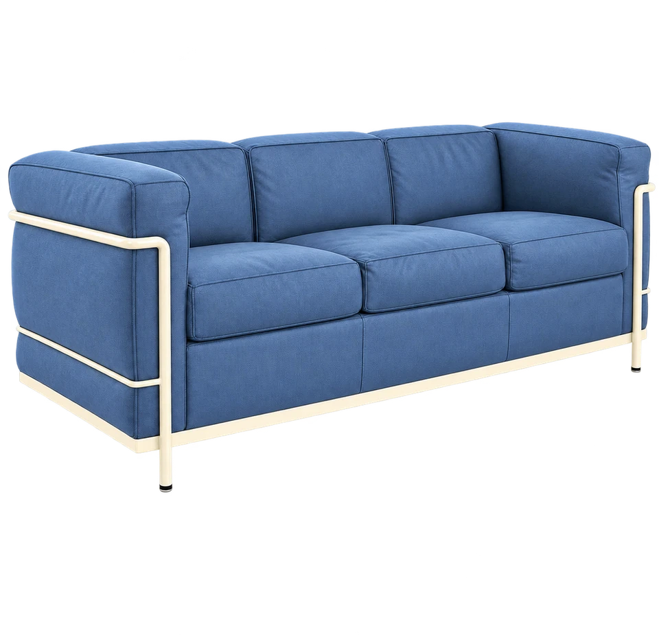 Alto üçlü koltuk, denim mavi / krem kumaş, boyalı metal iskelet, çapraz görünüm