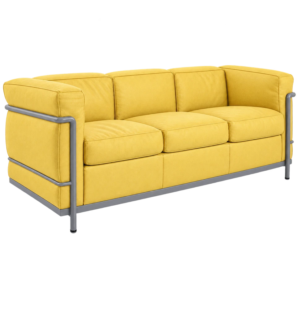 Alto üçlü koltuk, sarı / gri kumaş, boyalı metal iskelet, çapraz görünüm