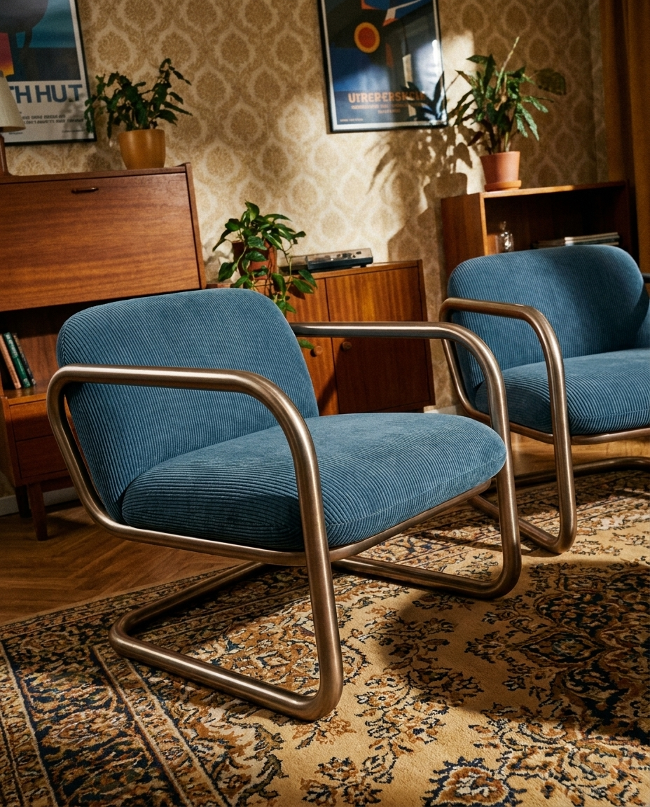 Mille berjerler, toz mavi fitilli kadife, desenli halılı retro bir salonda