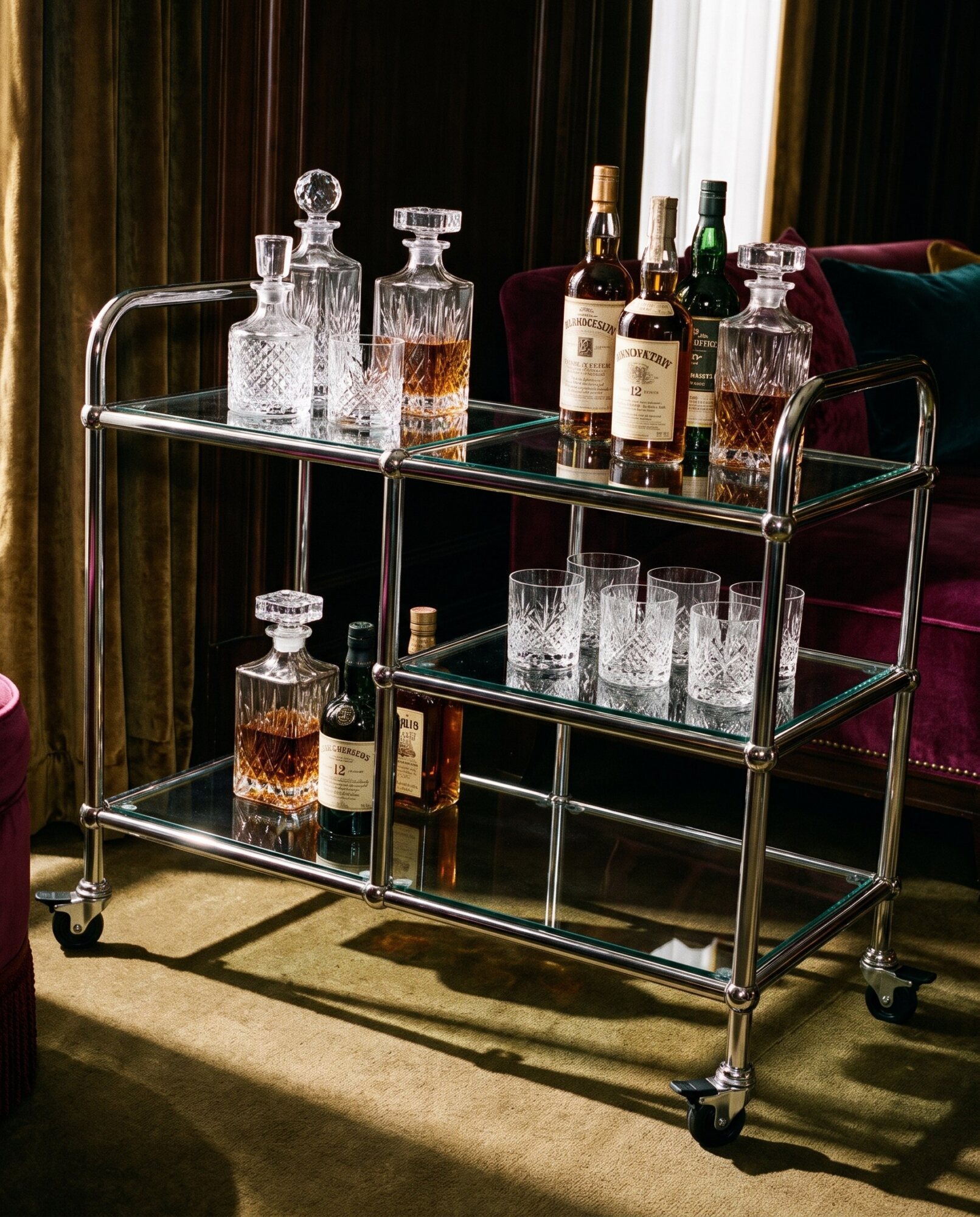 Vermut paslanmaz çelik içki arabası, üstünde kristal sürahiler ve bardaklar, kadife koltuklu bir salonda